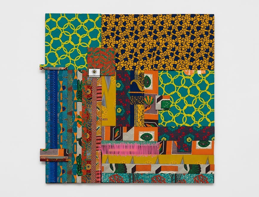 Ibrahim Mahama (Born 1987, Tamale, Ghana; lives and works in Accra, Kumasi, and Tamal) Peace of Mind, 2013 – 2022 Wood panel wrapped in wax print cloth with jute thread 183 x 189 x 6.5 cm (72 1/16 x 74 7/16 x 2 9/16 in) UBS Art Collection © the artist. Photo © White Cube (Theo Christelis)