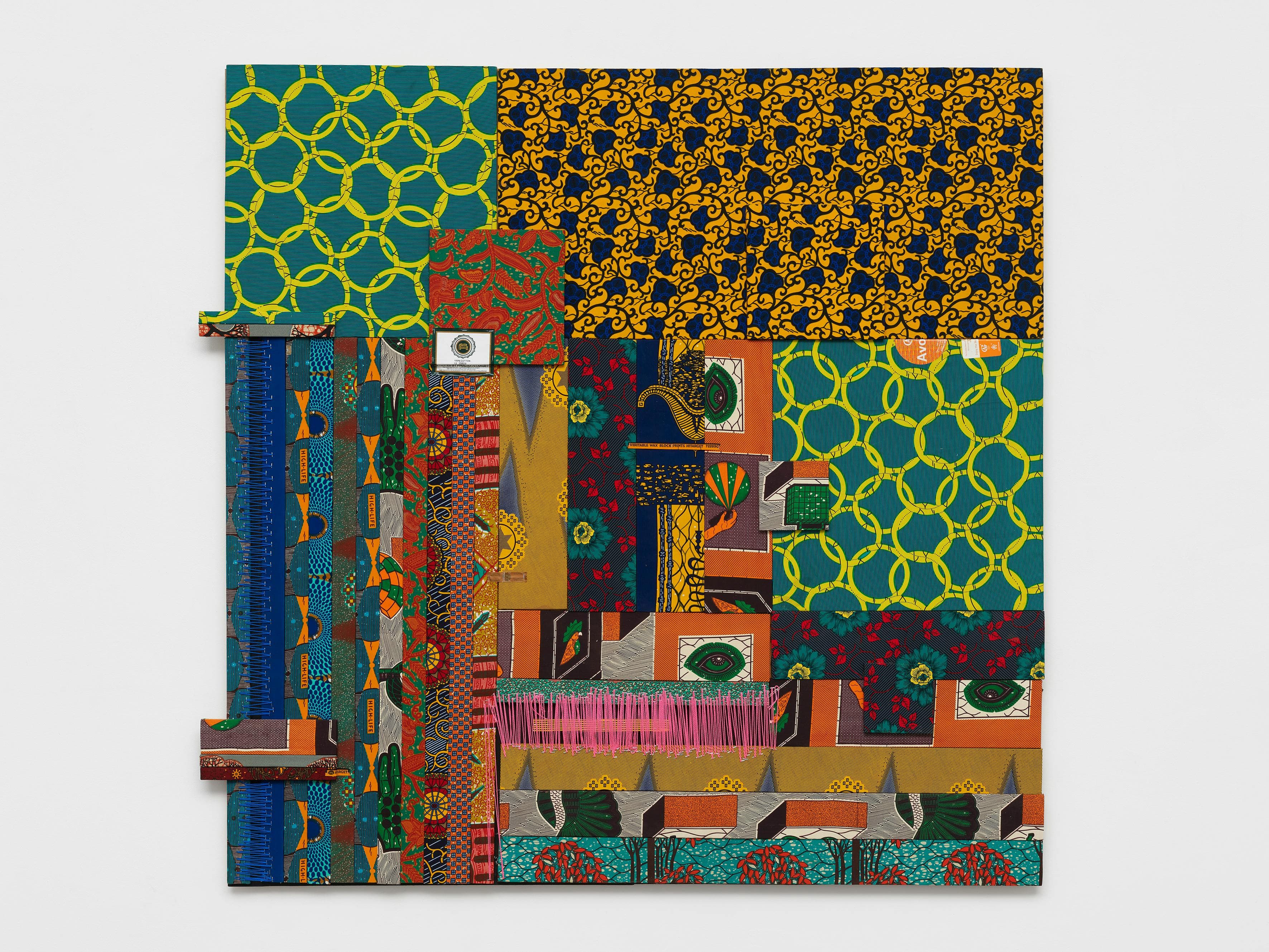 Ibrahim Mahama (Born 1987, Tamale, Ghana; lives and works in Accra, Kumasi, and Tamal) Peace of Mind, 2013 – 2022 Wood panel wrapped in wax print cloth with jute thread 183 x 189 x 6.5 cm (72 1/16 x 74 7/16 x 2 9/16 in) UBS Art Collection © the artist. Photo © White Cube (Theo Christelis)